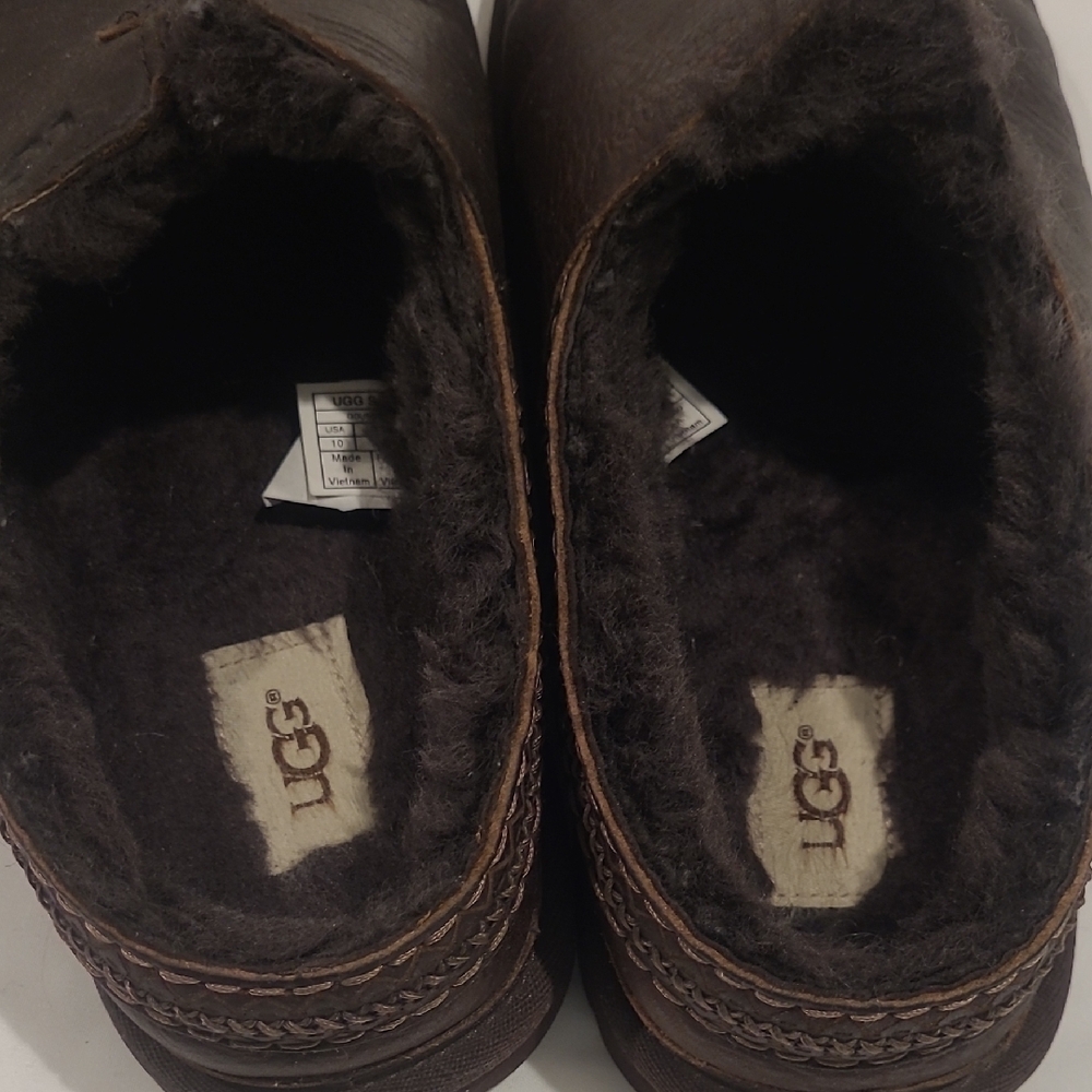 UGG Men's Dark Brown Leather Slip-On Clogs with Shearling - Picture 2 of 5